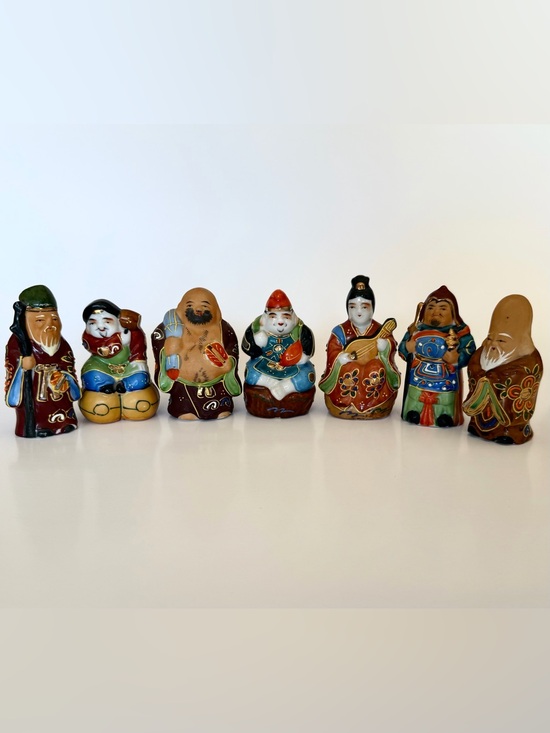 VTG Japanese 7 Lucky Gods Kutani Porcelain Figures 3.8